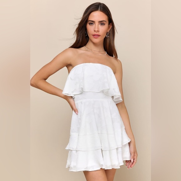 Lulus Dresses & Skirts - Lulus True Lover White Burnout Floral Ruffled Strapless Mini Dress